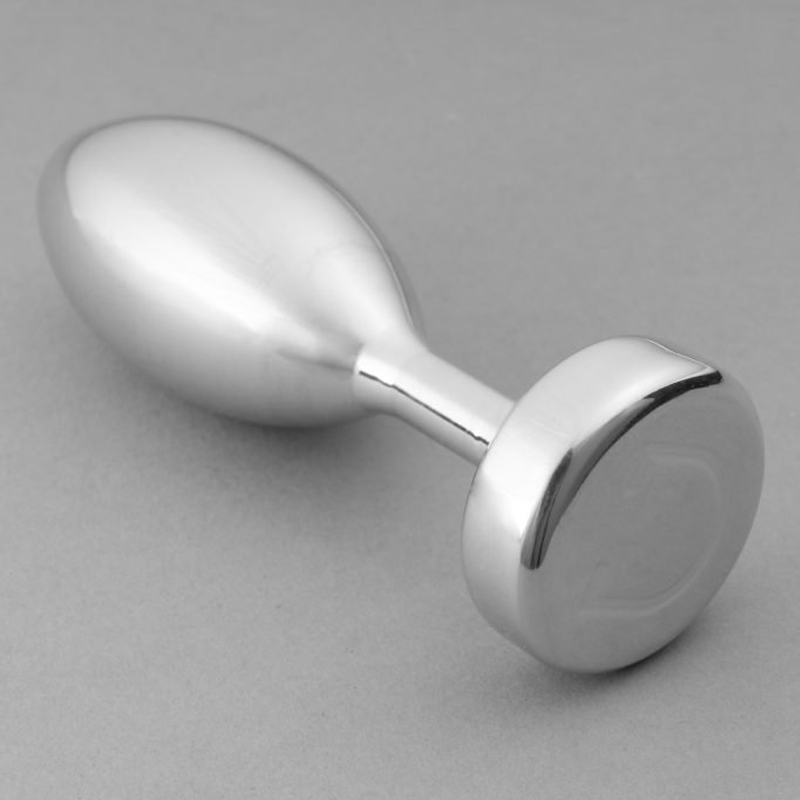 Smooth aluminum metal butt plug with a tapered shape and flat base.