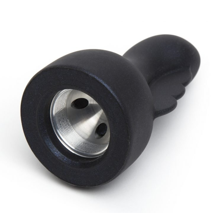 Black clitoral flutter wand attachment with threaded interior.