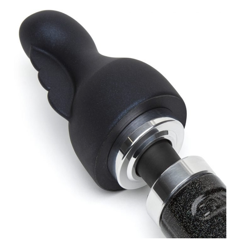 Black clitoral flutter wand attachment with silver accents.
