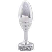 Ribbed metal butt plug with a flat base and the word "Doxy" on it.