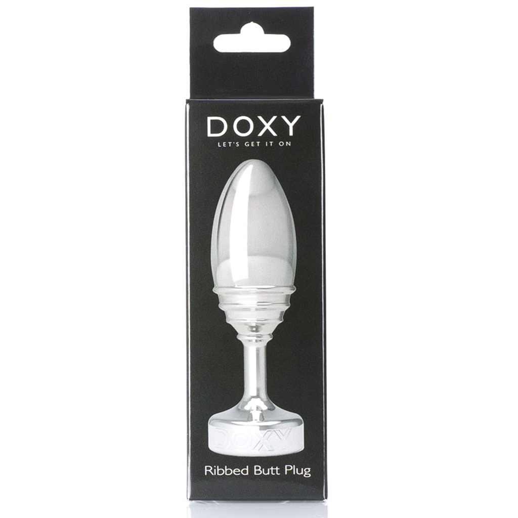 Doxy ribbed metal butt plug with a weighted aluminum anal toy.
