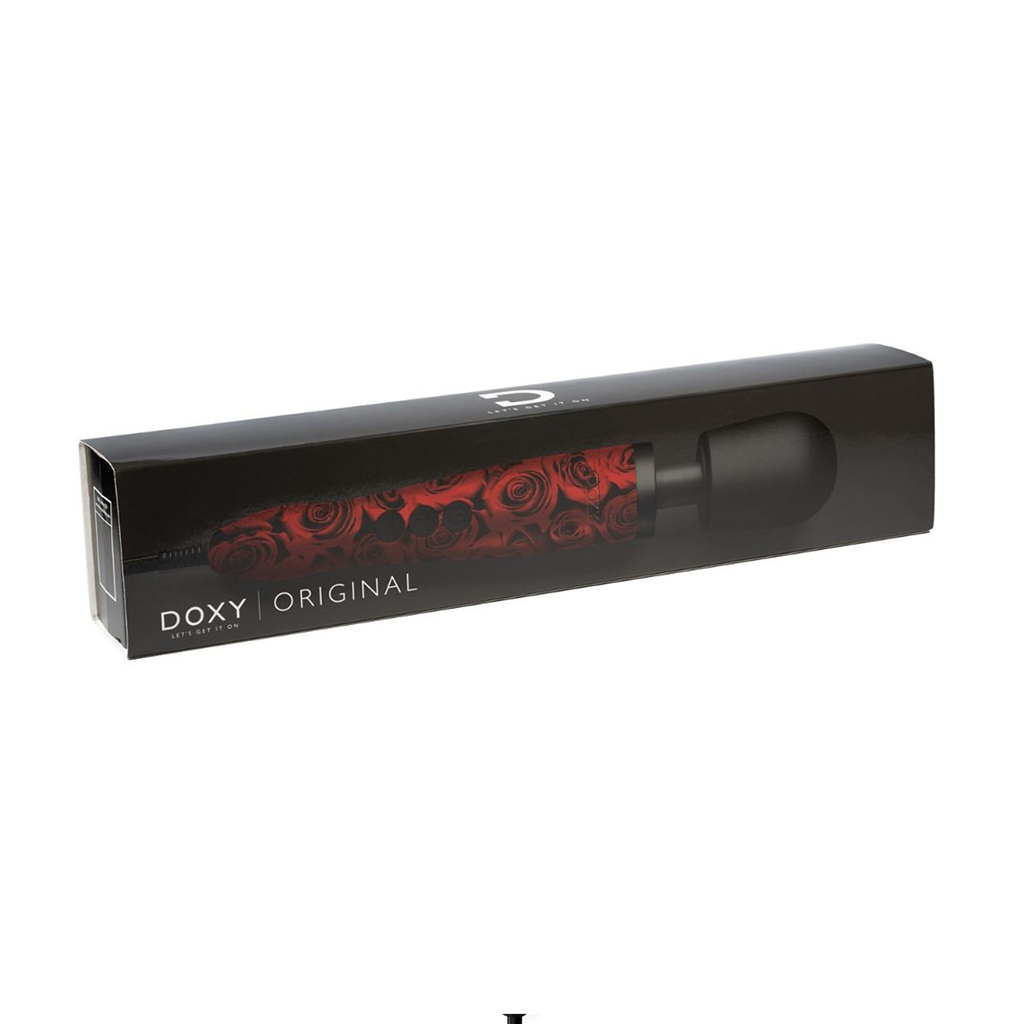 Doxy Original wand massager in a black box with a red rose pattern.
