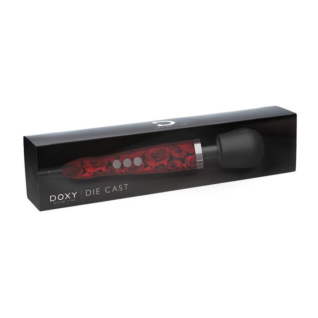 Doxy Die Cast wand massager with a red rose pattern in its packaging.