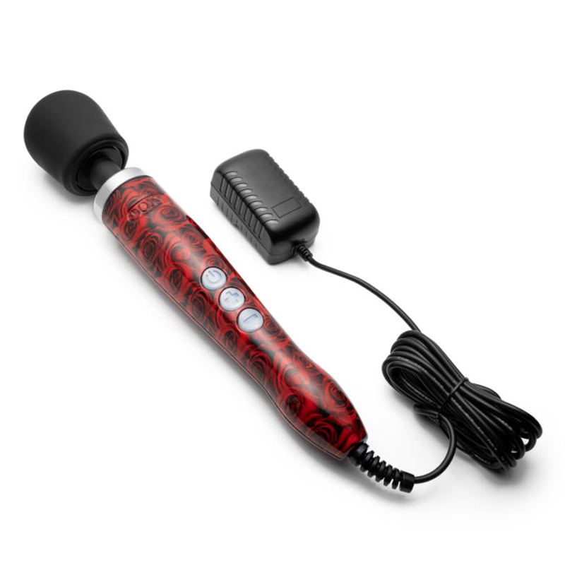 Red rose patterned wand massager with charger.