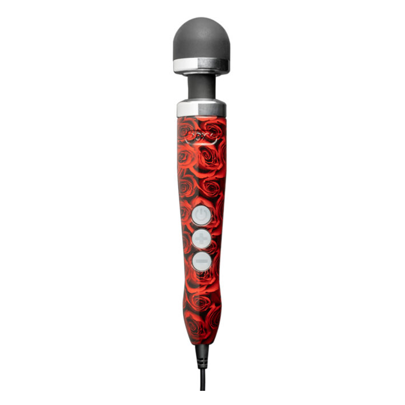Compact wand massager with a rose pattern and silicone head.