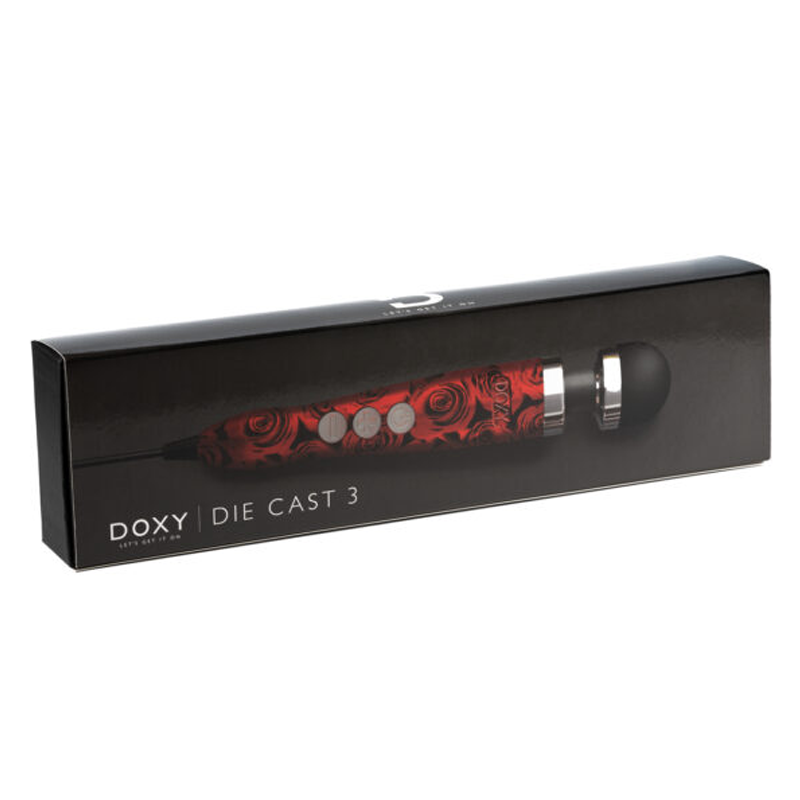 Doxy Die Cast 3 compact wand massager with rose pattern and silicone head.