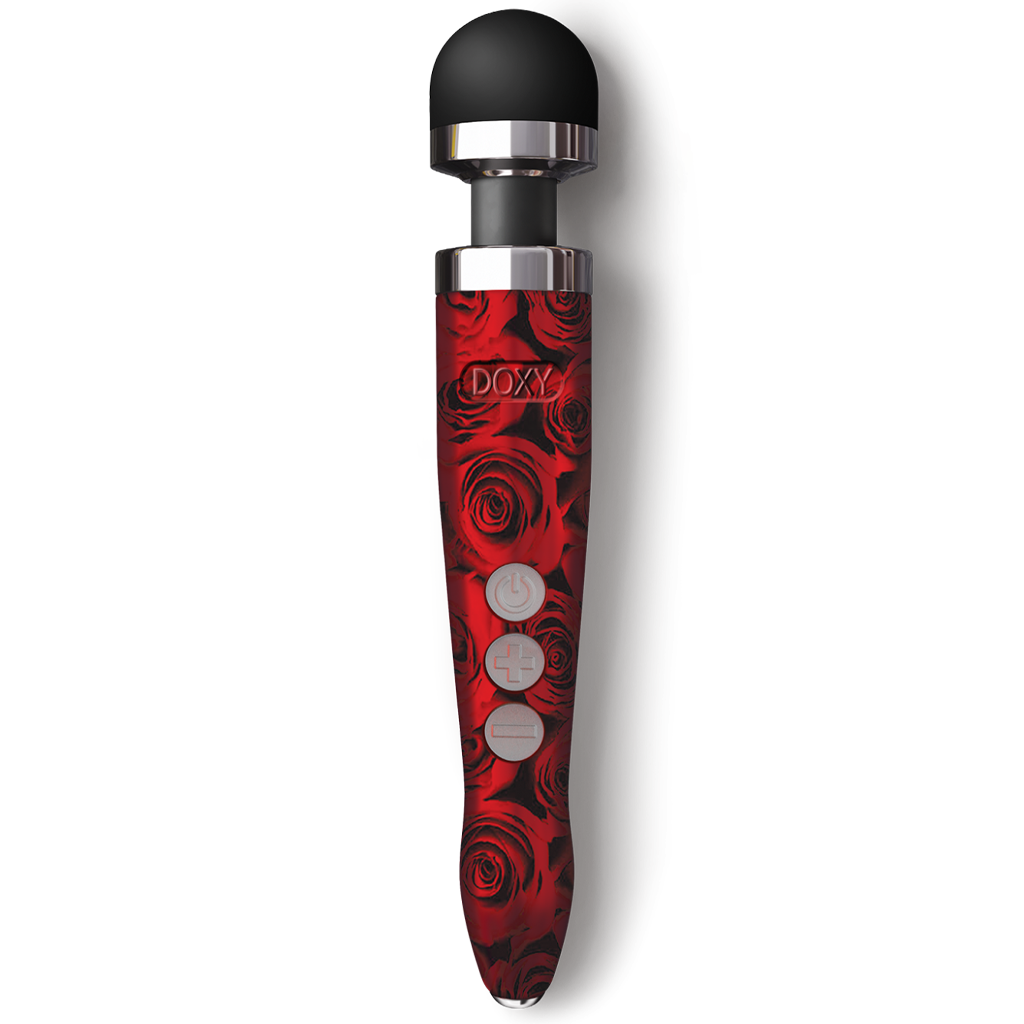 Doxy Die Cast 3R Rechargeable Wand Massager with a red rose pattern.