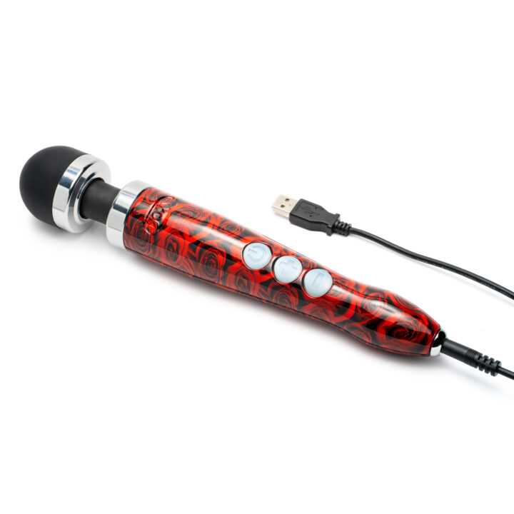 A red rose patterned rechargeable wand massager with a USB charging cable.