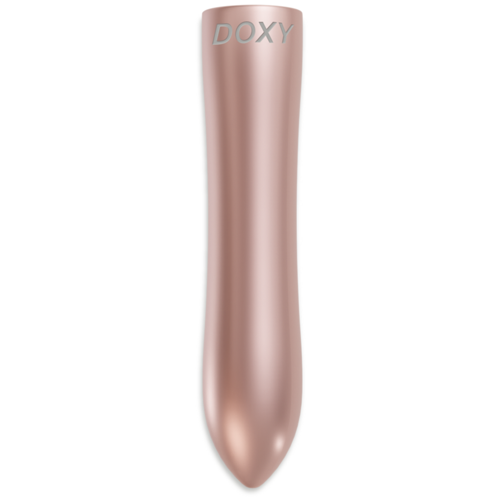 Rose gold Doxy bullet vibrator with a pointed tip.
