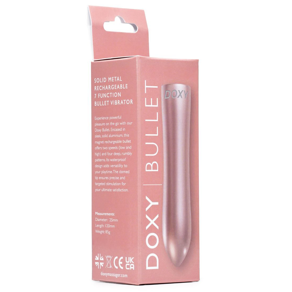 Rose gold Doxy Bullet vibrator with text and measurements on packaging.