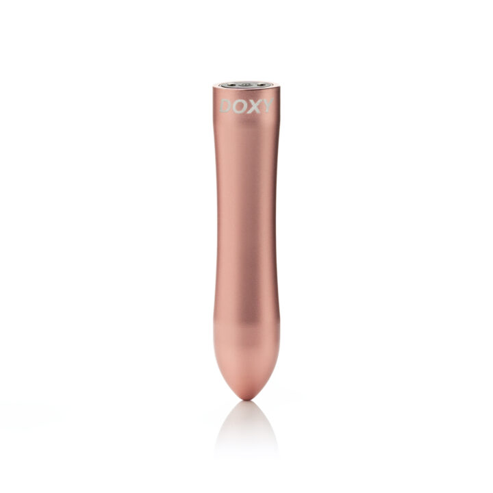 Rose gold Doxy bullet vibrator with a tapered tip and two buttons on top.