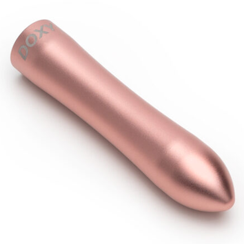 Rose gold bullet vibrator with "DOXY" logo.