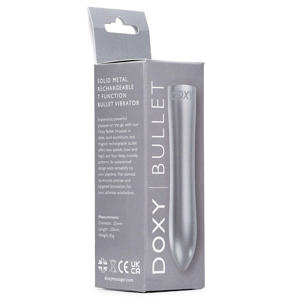 Silver Doxy Bullet vibrator with text describing its features and measurements.