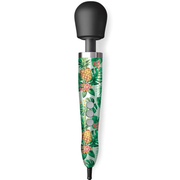 A wand massager with a black head and a tropical pineapple and leaf pattern on the handle.
