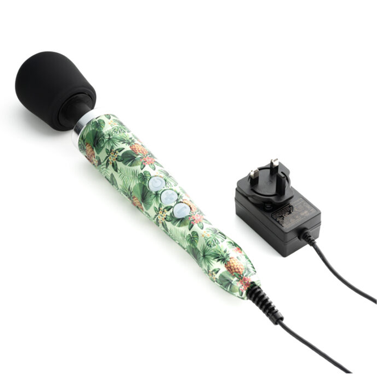 A Doxy wand massager with a pineapple pattern and a UK power adapter.