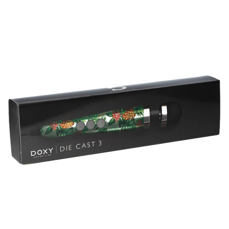 Doxy Die Cast 3 wand massager in a pineapple print box.