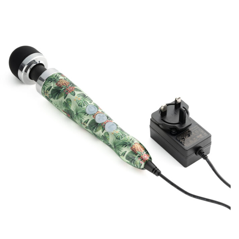 Pineapple print wand massager with silicone head and UK power adapter.