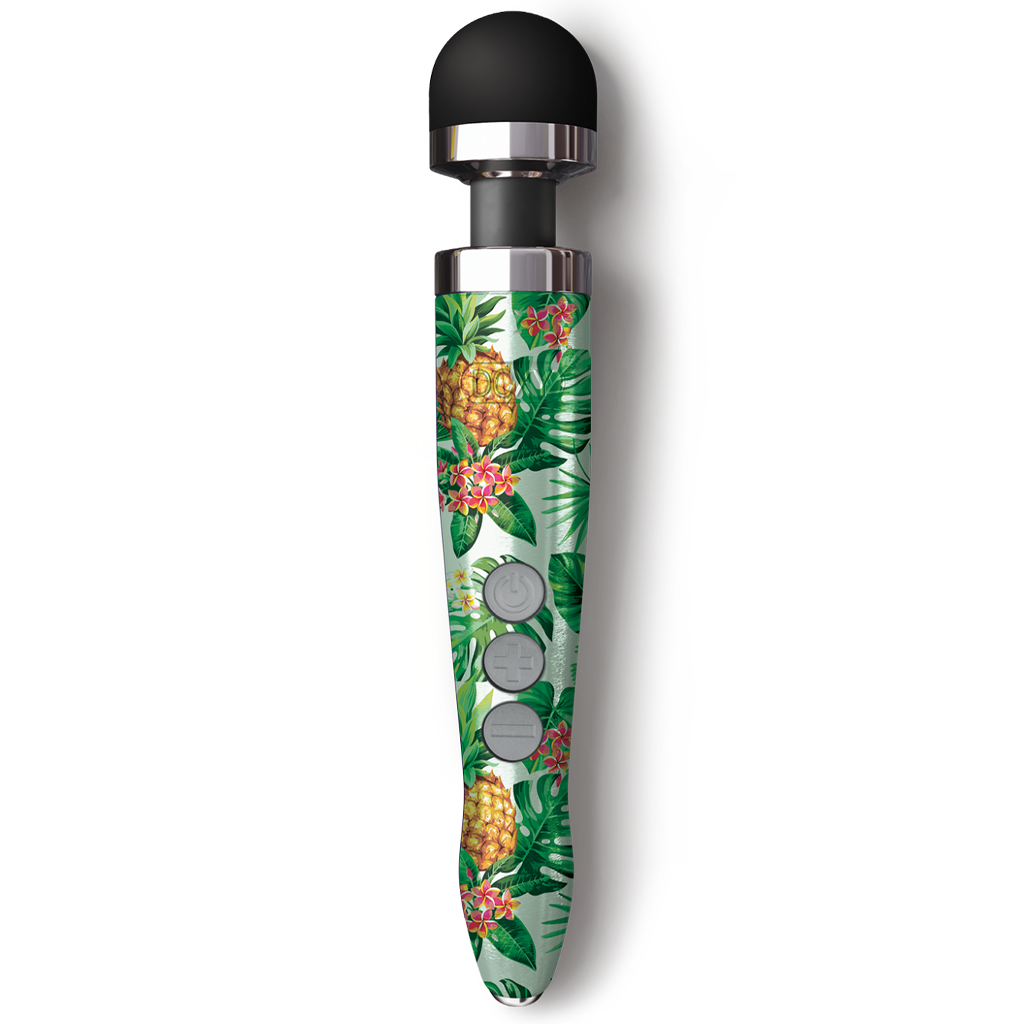 A rechargeable wand massager with a pineapple and tropical leaf pattern.