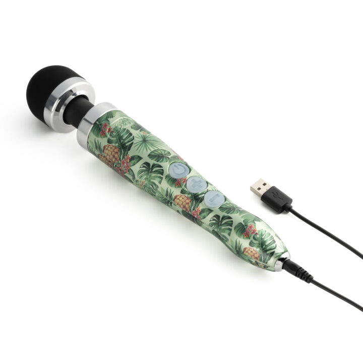 A rechargeable wand massager with a pineapple and leaf pattern and a USB cable.