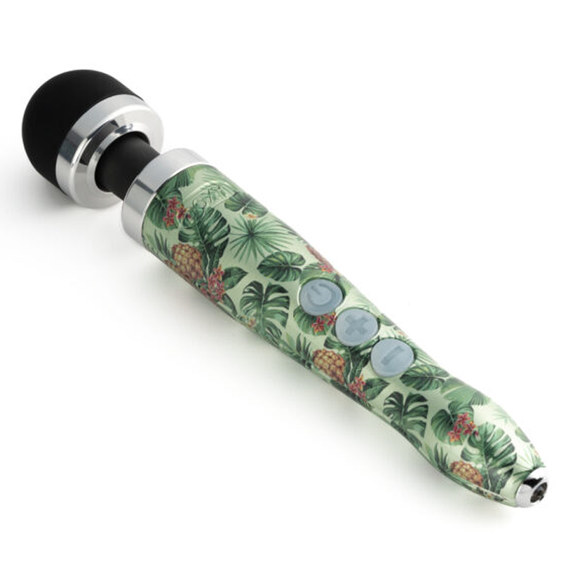 A rechargeable wand massager with a tropical pineapple and leaf pattern.