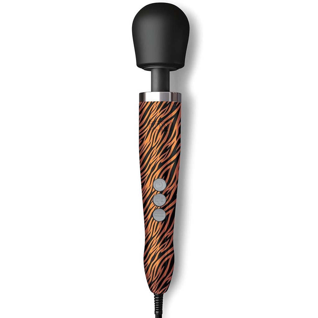 A black wand massager with a tiger print handle and three grey buttons.