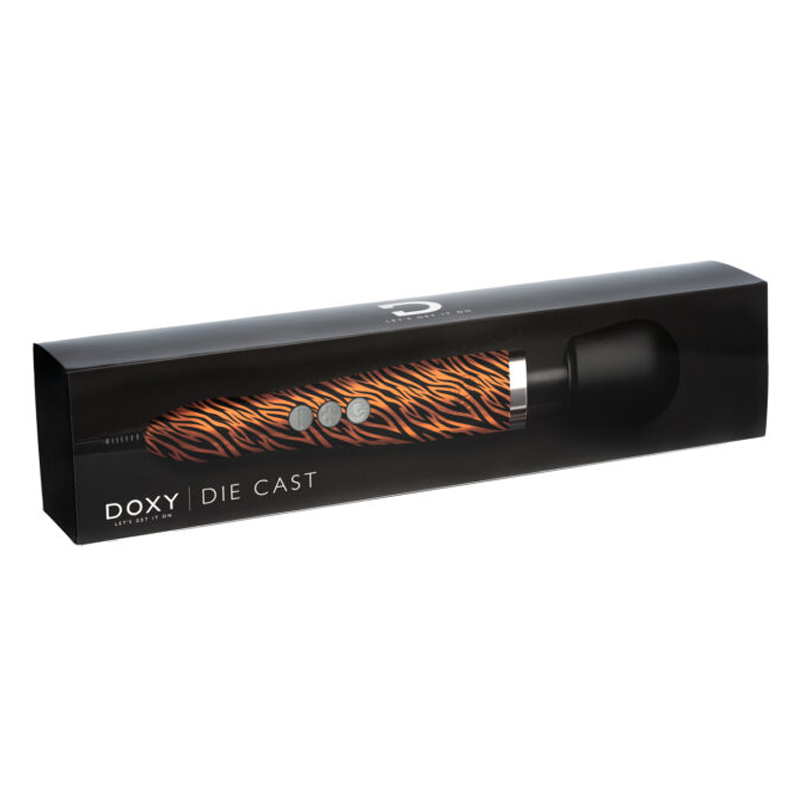 Doxy Die Cast Tiger Print Edition wand massager with three control buttons.