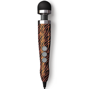 Compact wand massager with a black silicone head and tiger-striped handle.