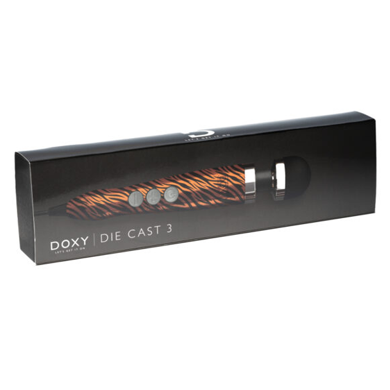 Doxy Die Cast 3 wand massager with tiger print and silicone head.