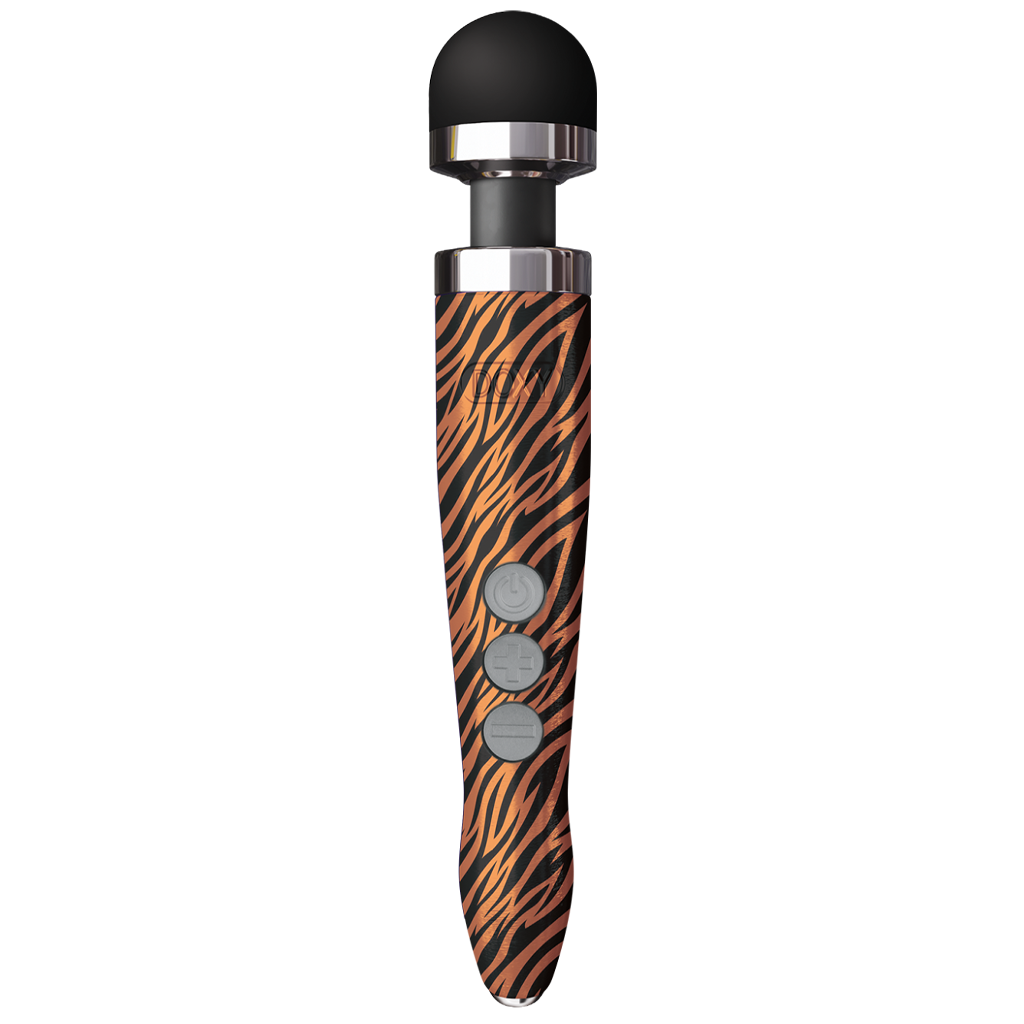 Doxy Die Cast 3R rechargeable wand massager with tiger stripe pattern.