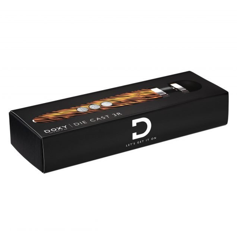 Doxy Die Cast 3R rechargeable wand massager in a black box.