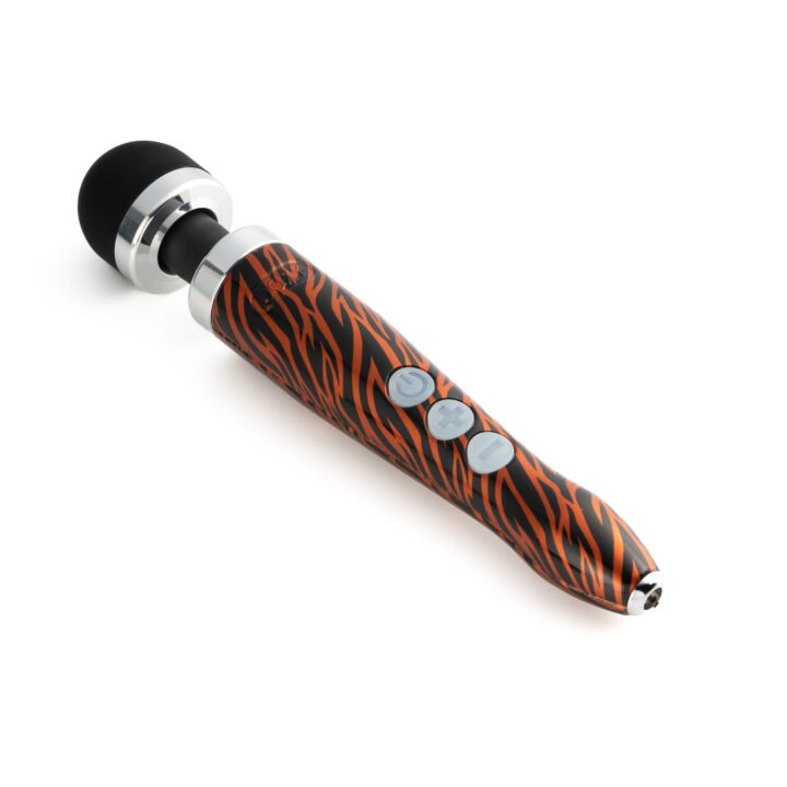 A tiger-striped rechargeable wand massager with three grey buttons.