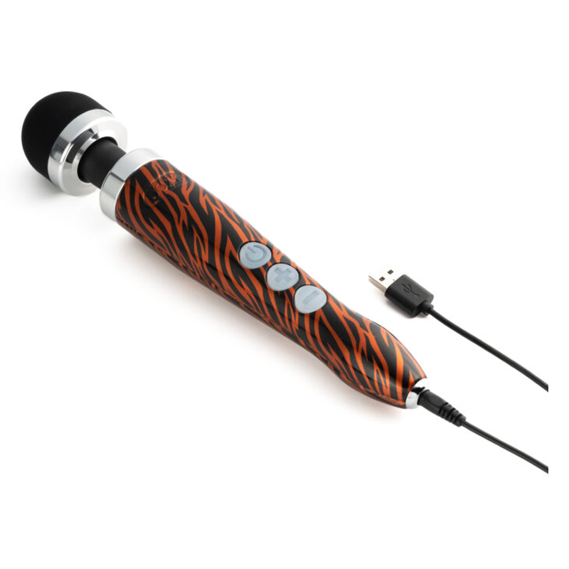 Orange and black tiger striped rechargeable wand massager with USB cable.