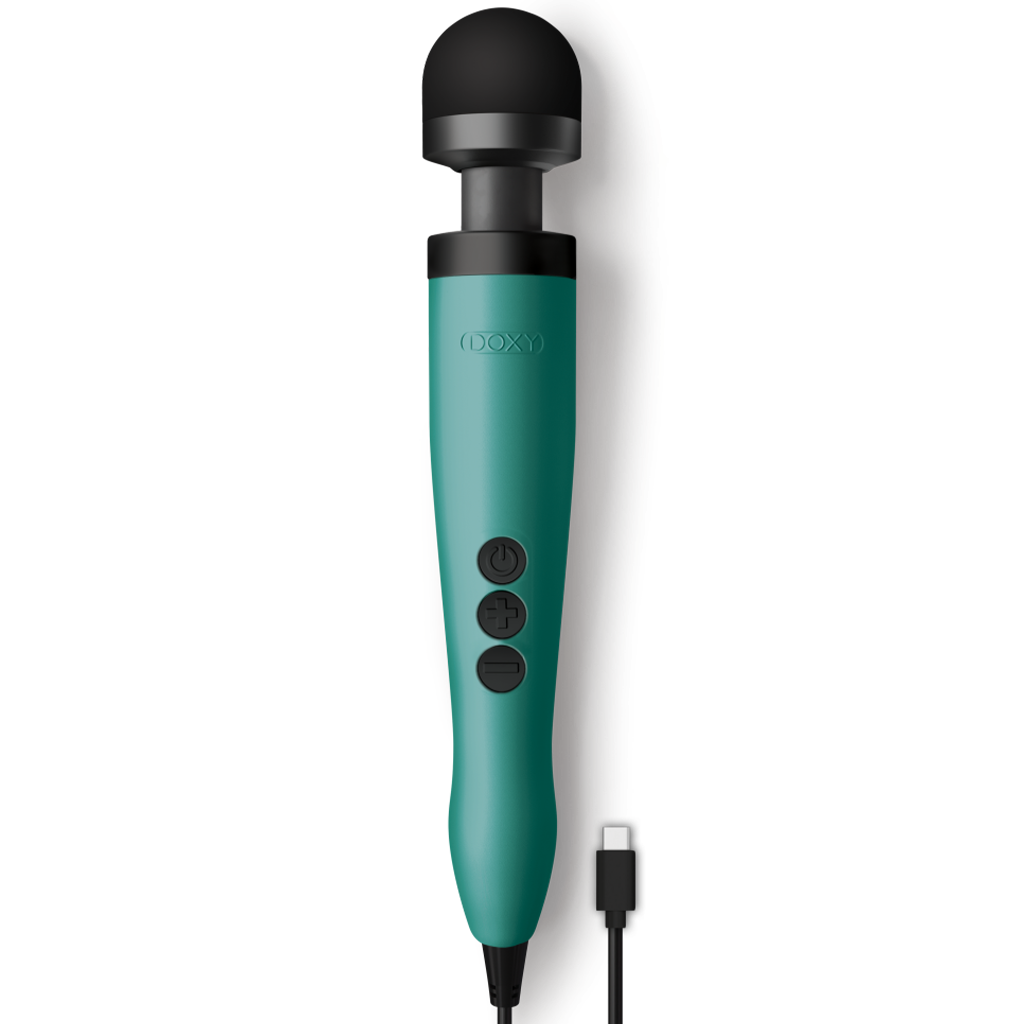 Turquoise Doxy 3 wand massager with USB-C cable and control buttons.