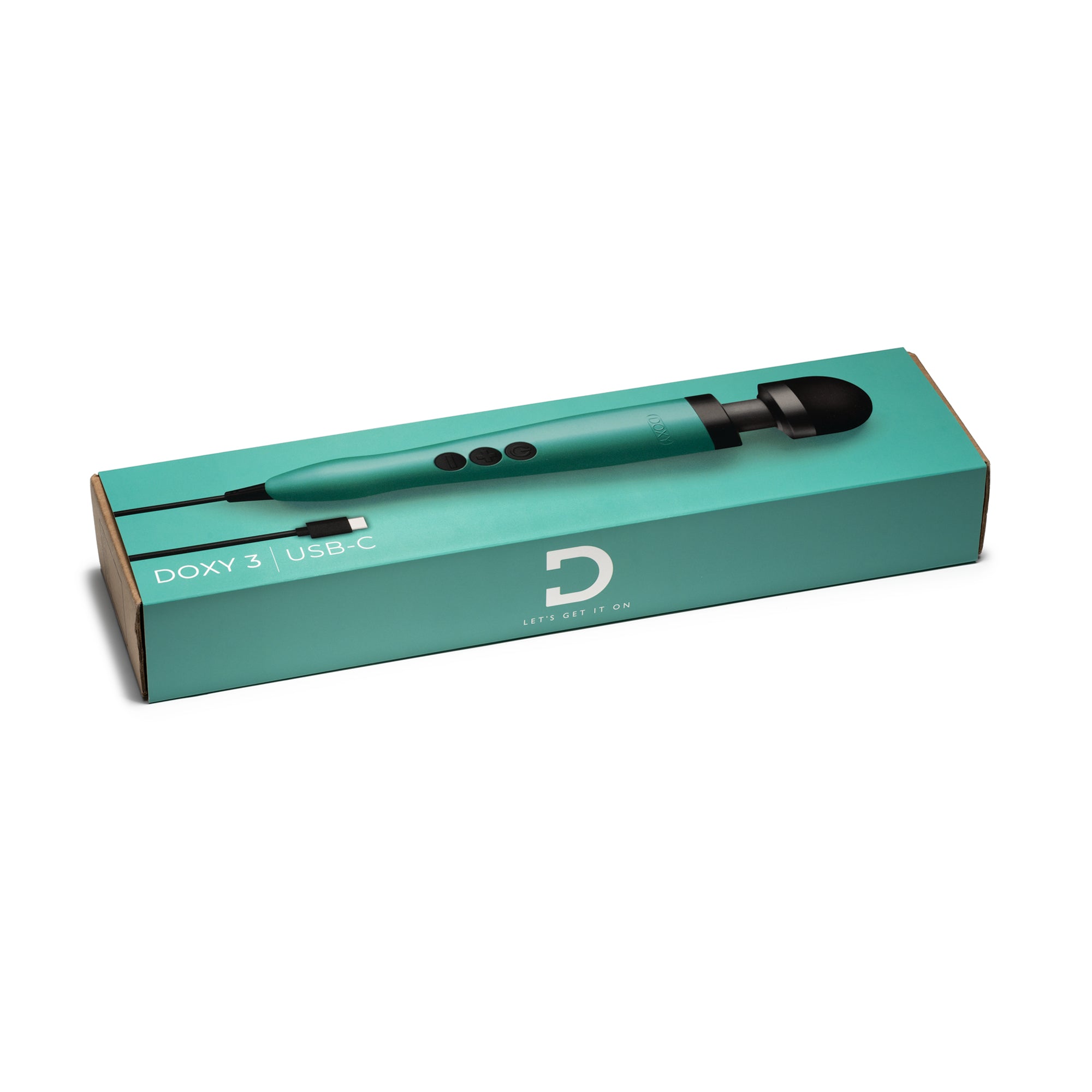 Turquoise Doxy 3 wand massager with USB-C cable on its box.