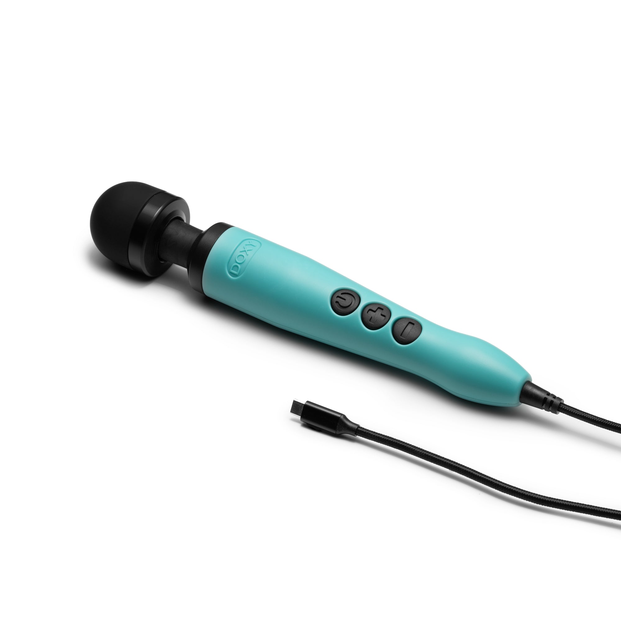 Turquoise Doxy 3 USB-C wand massager with three black buttons and a black cable.