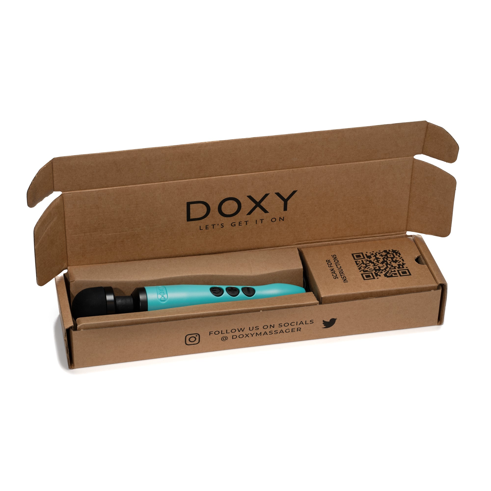 Turquoise Doxy 3 USB-C wand massager in its open cardboard packaging.