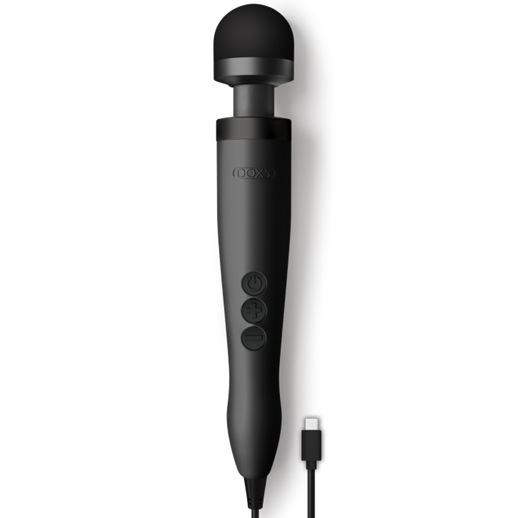 A matte black Doxy 3 wand massager with a USB-C cable.