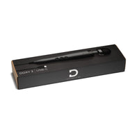 A black Doxy 3 USB-C wand massager in its black box packaging.