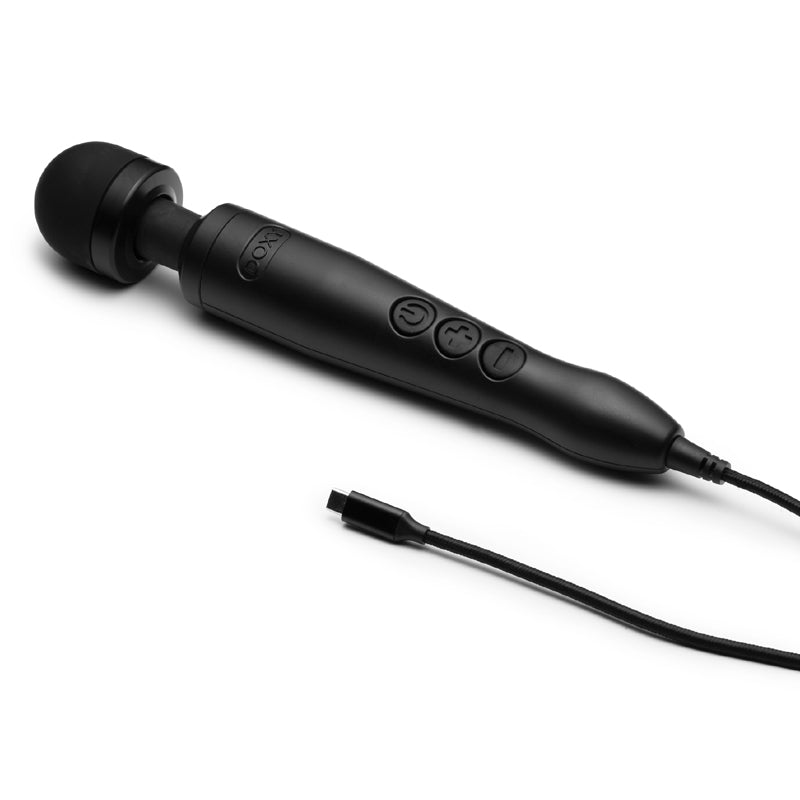 Black USB-C wand massager with three buttons and a charging cable.