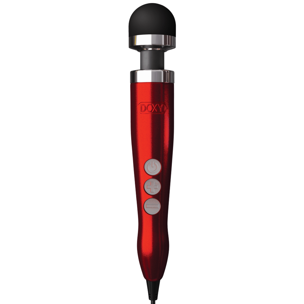 Compact red wand massager with a black silicone head and three control buttons.