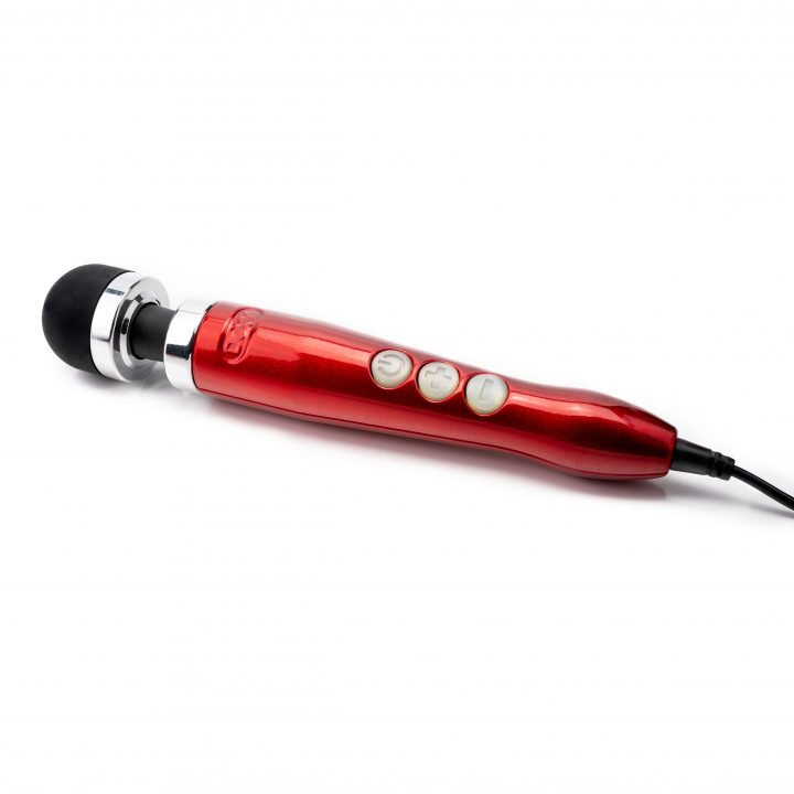 Compact red wand massager with a black silicone head and three white buttons.