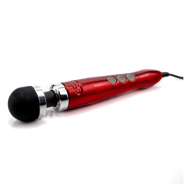 Compact red wand massager with a black silicone head.