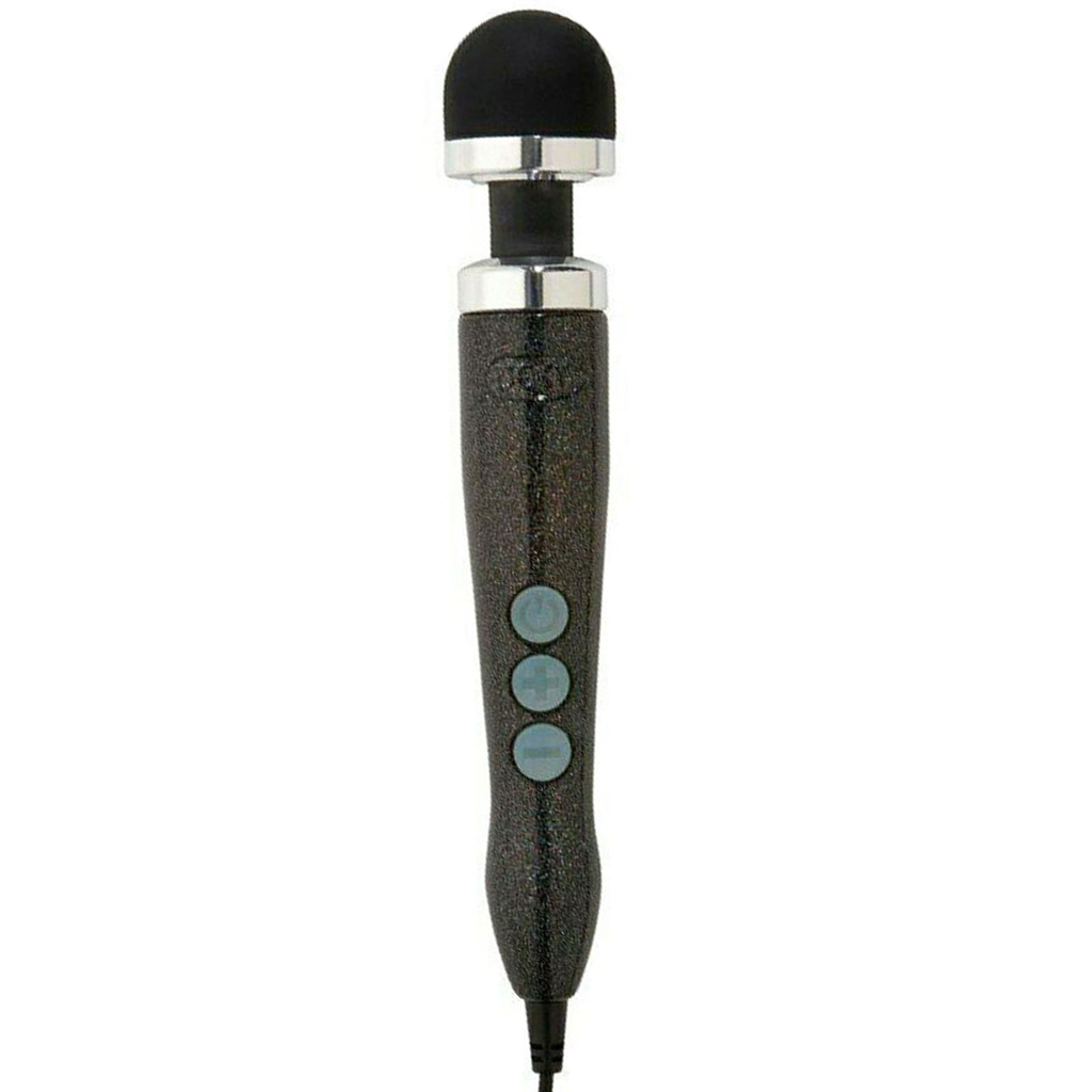 A black wand massager with a silver band and three blue buttons.