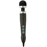 A black wand massager with a silver band and three blue buttons.