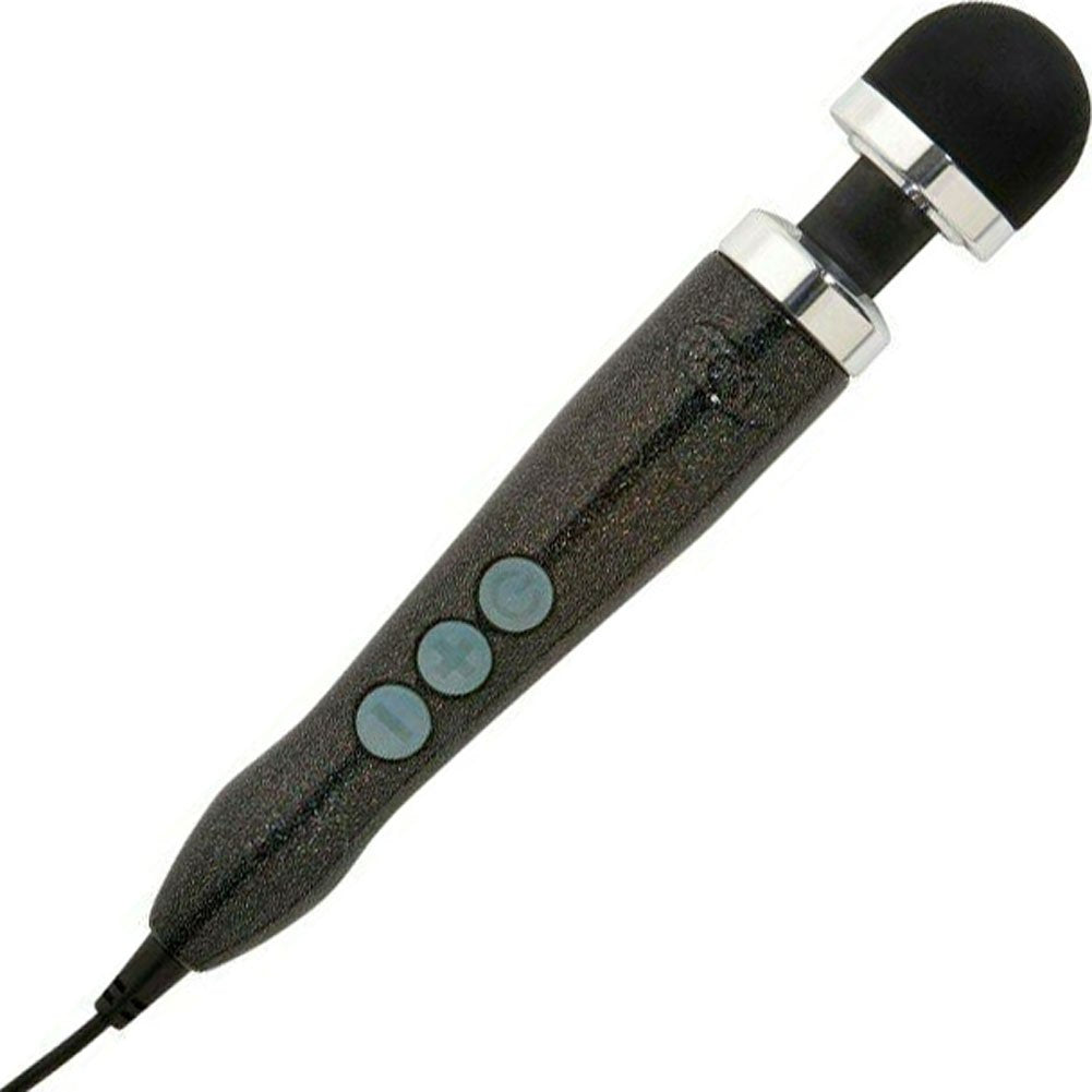 A black wand massager with three blue buttons and a silver band.