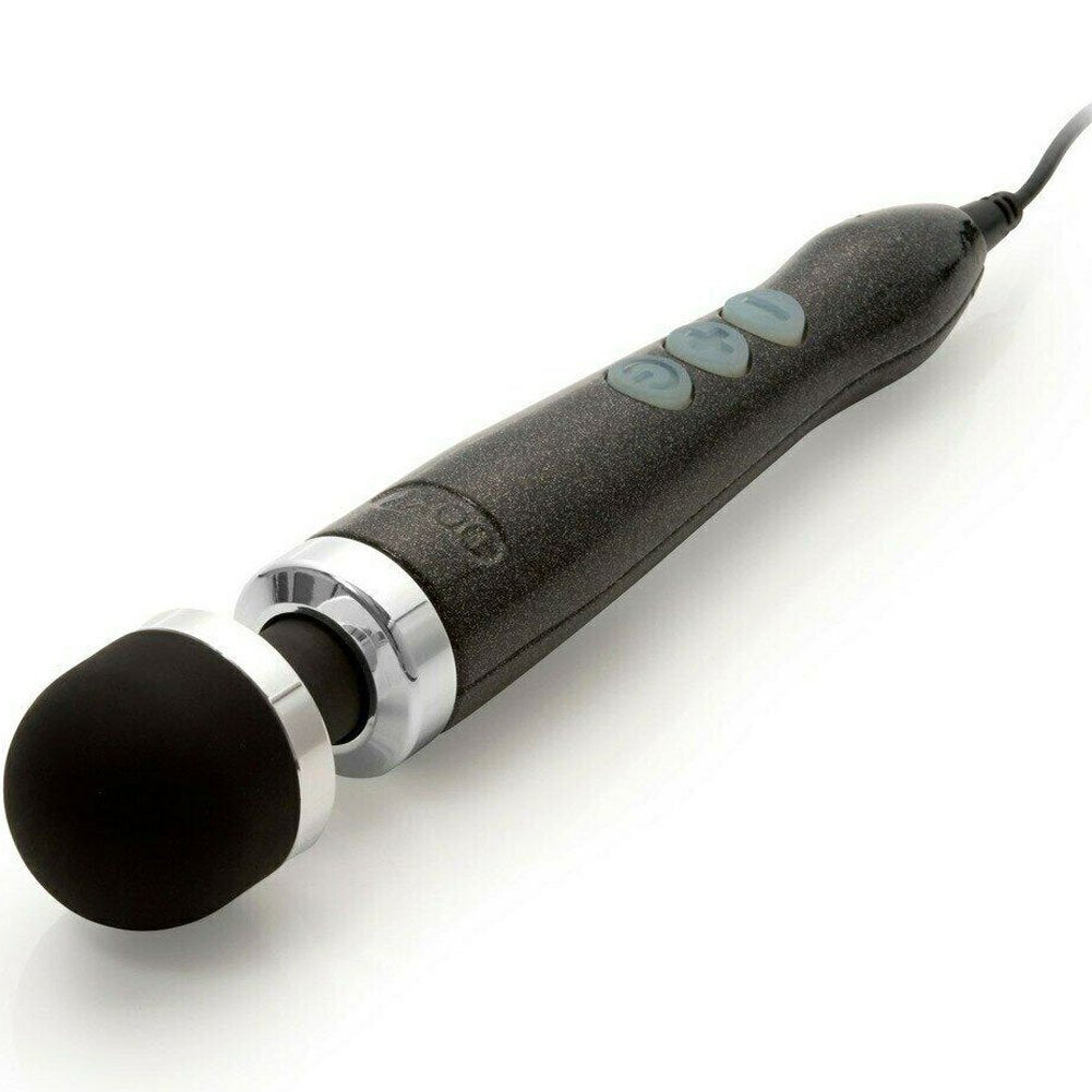 Compact black wand massager with chrome accents and three blue buttons.