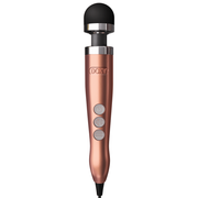 Rose gold wand massager with a black silicone head and three control buttons.