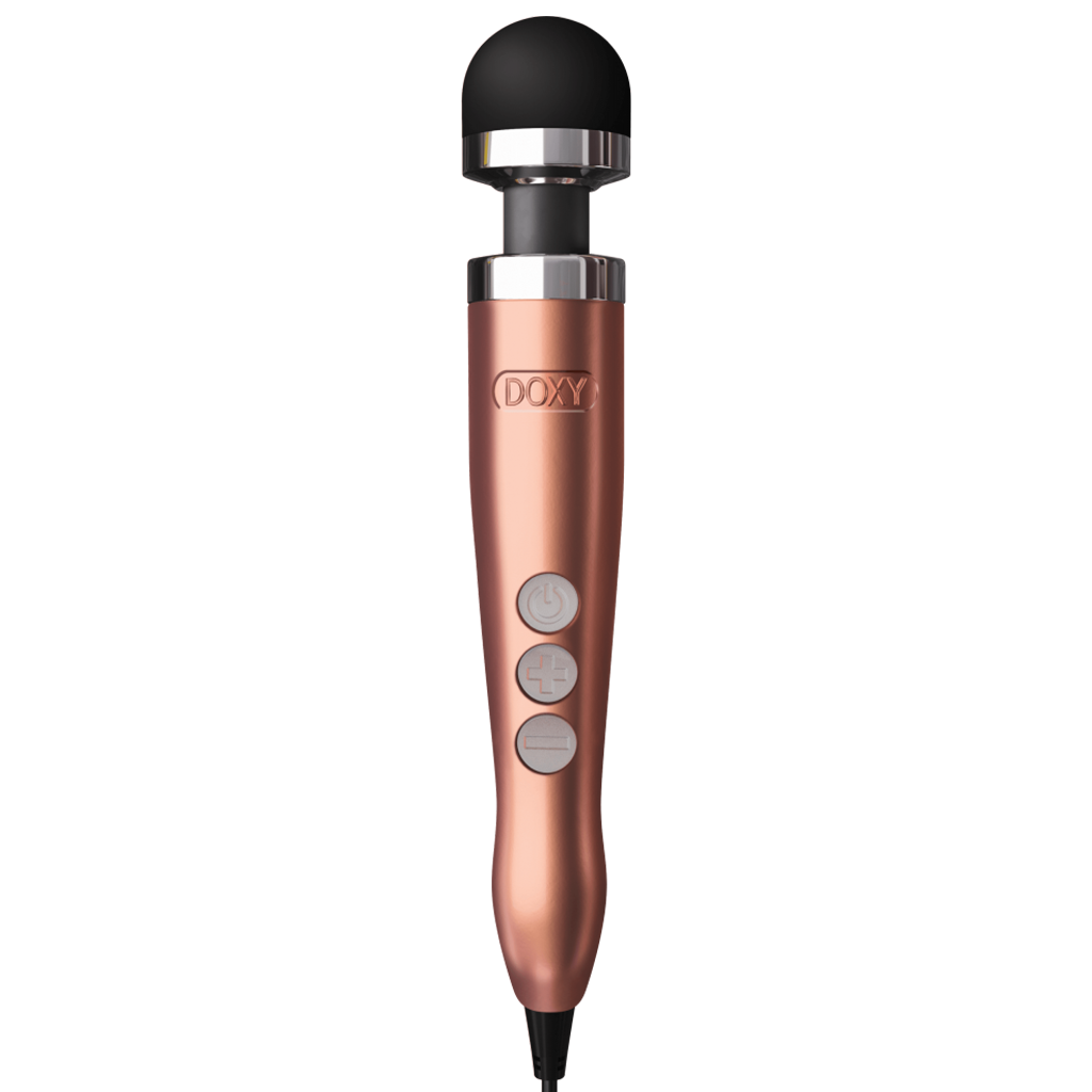 Rose gold wand massager with a black silicone head and three control buttons.