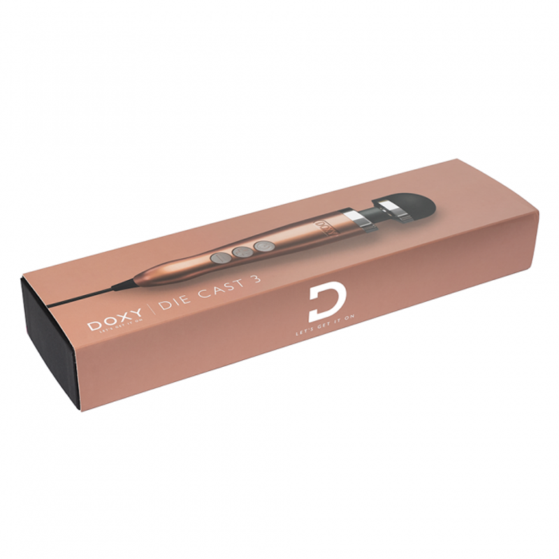 Rose gold Doxy Die Cast 3 wand massager in its packaging.