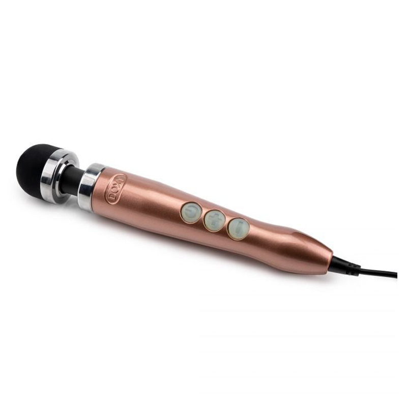 Rose gold compact wand massager with a black silicone head and three control buttons.